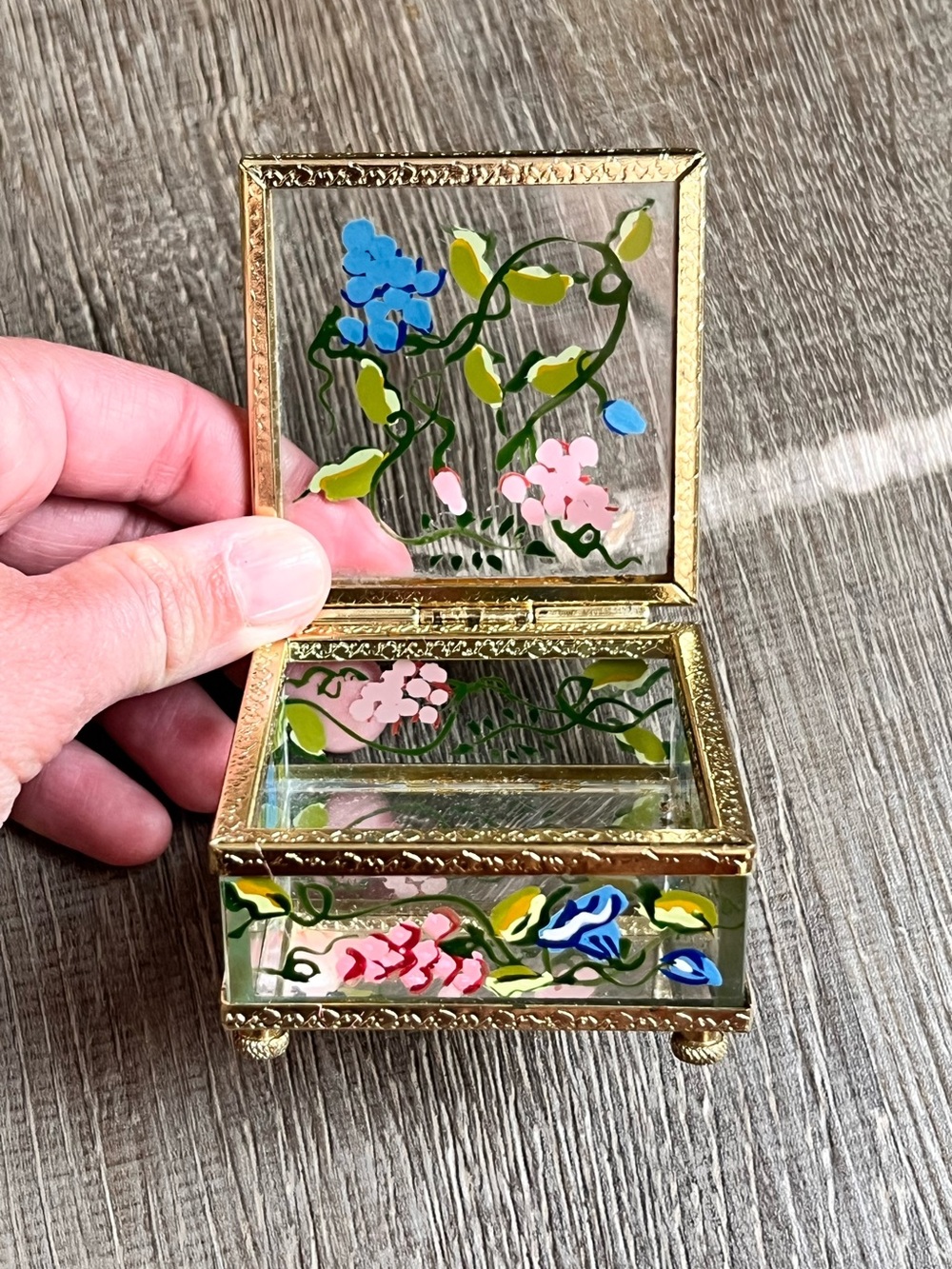 Glass Floral Trinket jewelry Box - Gold Frame with Pink & Blue Flowers ornate